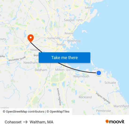 Cohasset to Waltham, MA map