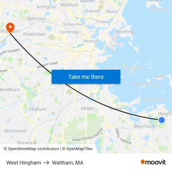West Hingham to Waltham, MA map
