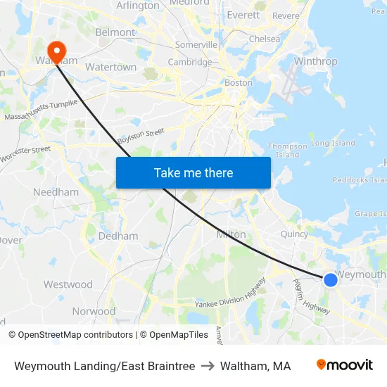 Weymouth Landing/East Braintree to Waltham, MA map