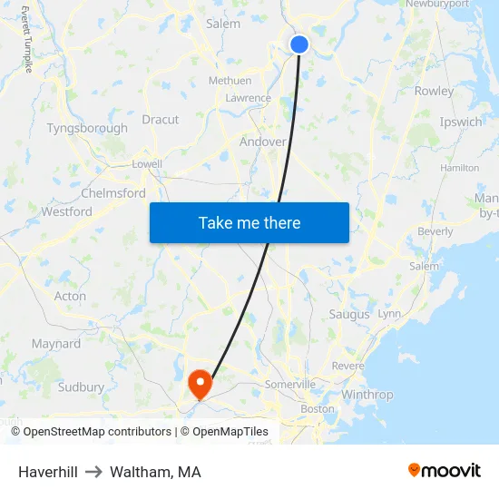 Haverhill to Waltham, MA map