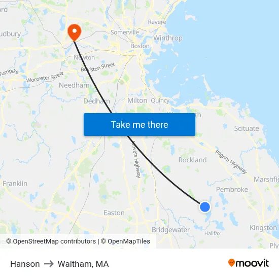 Hanson to Waltham, MA map