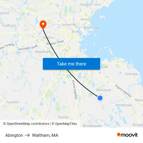 Abington to Waltham, MA map