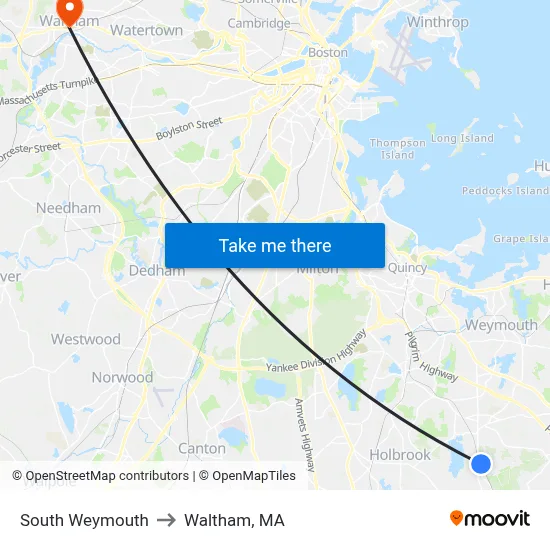 South Weymouth to Waltham, MA map