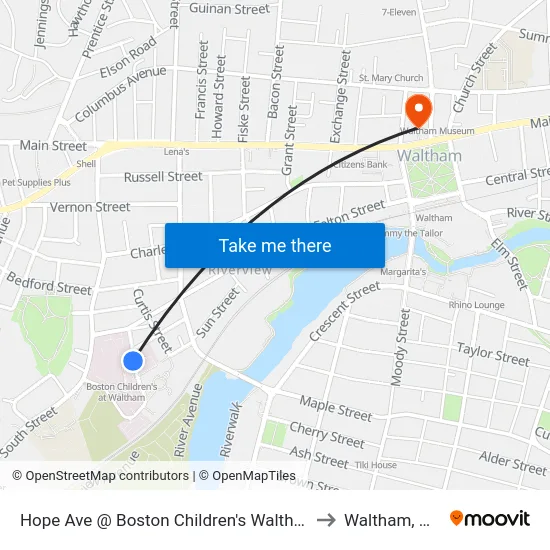 Hope Ave @ Boston Children's Waltham to Waltham, MA map