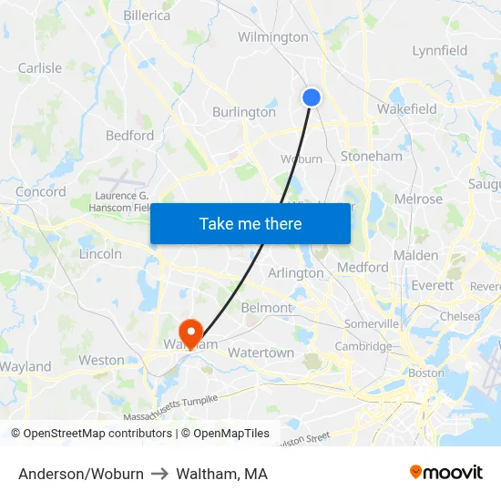 Anderson/Woburn to Waltham, MA map