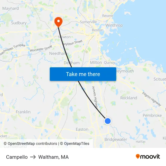 Campello to Waltham, MA map