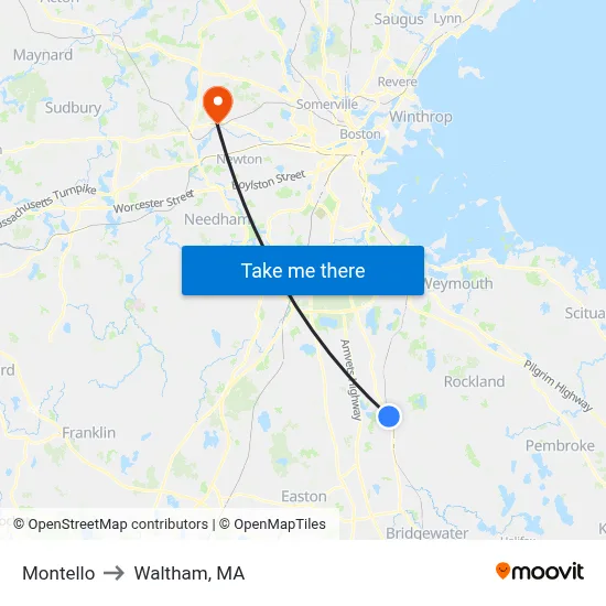 Montello to Waltham, MA map