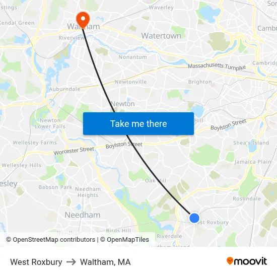 West Roxbury to Waltham, MA map