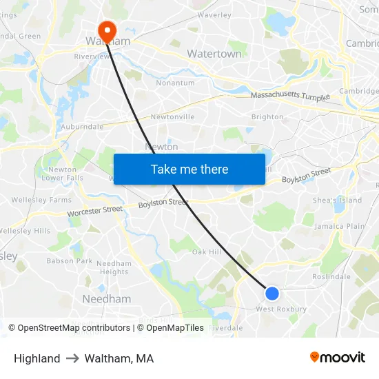 Highland to Waltham, MA map