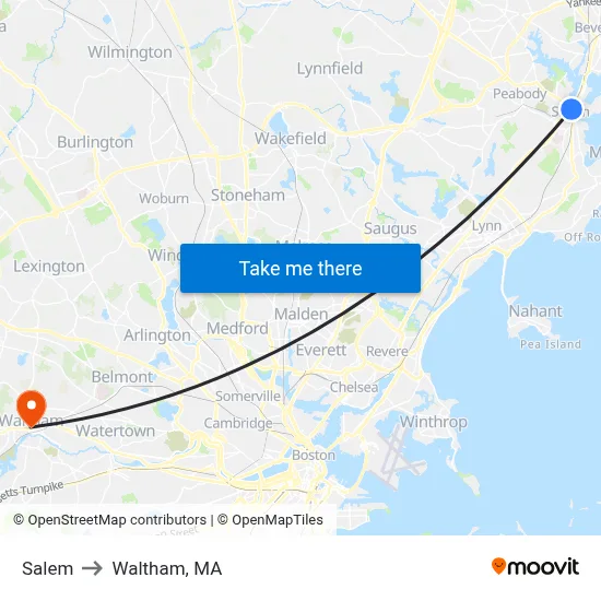 Salem to Waltham, MA map