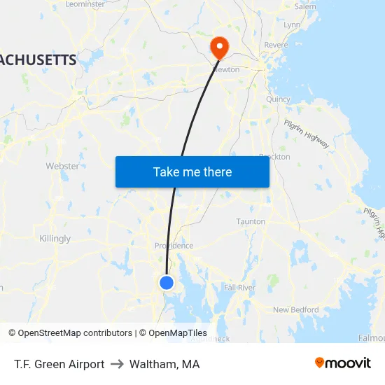 T.F. Green Airport to Waltham, MA map