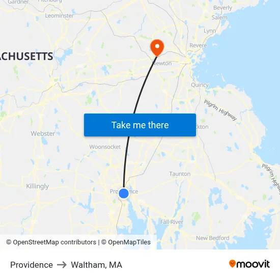 Providence to Waltham, MA map