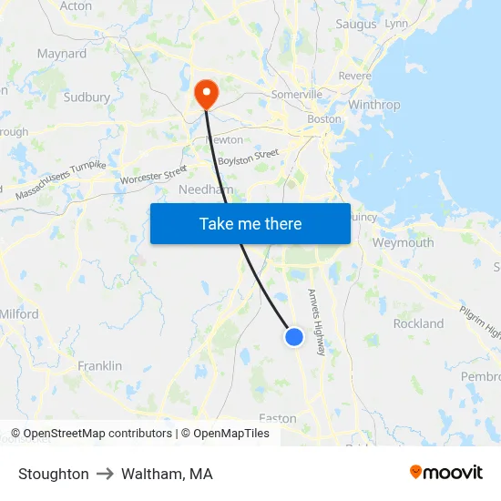 Stoughton to Waltham, MA map