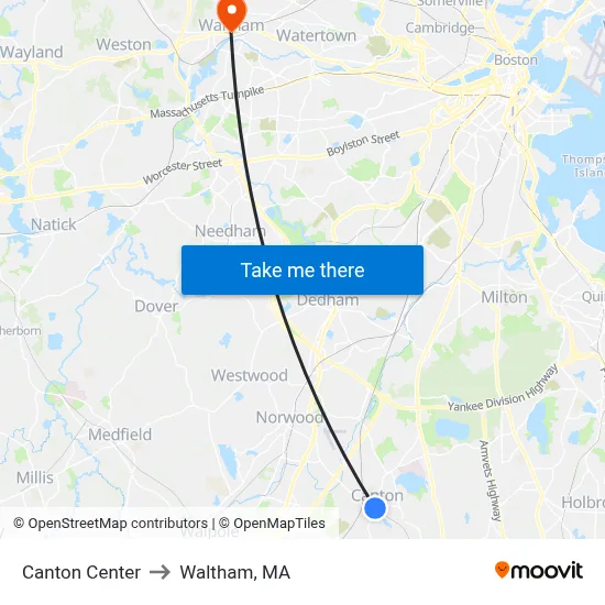Canton Center to Waltham, MA map