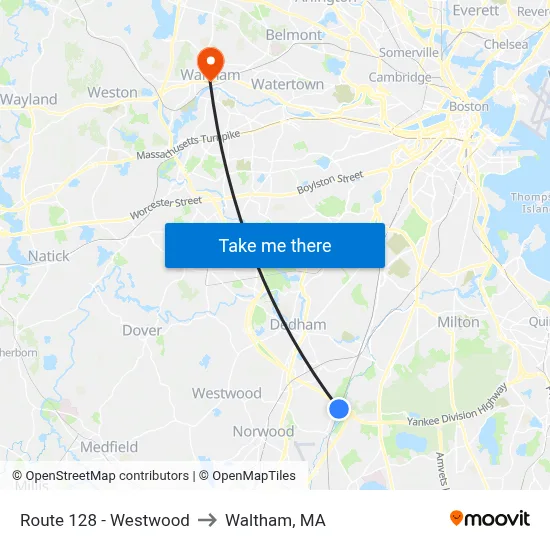 Route 128 - Westwood to Waltham, MA map