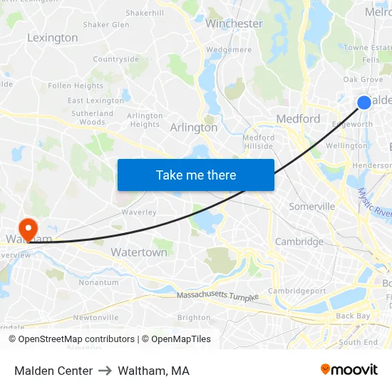 Malden Center to Waltham, MA map