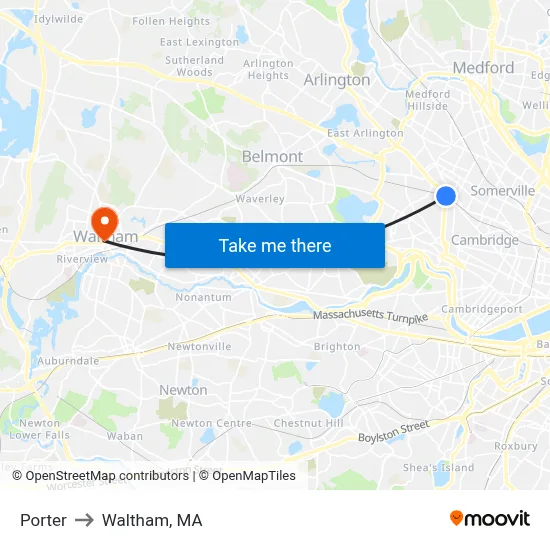 Porter to Waltham, MA map