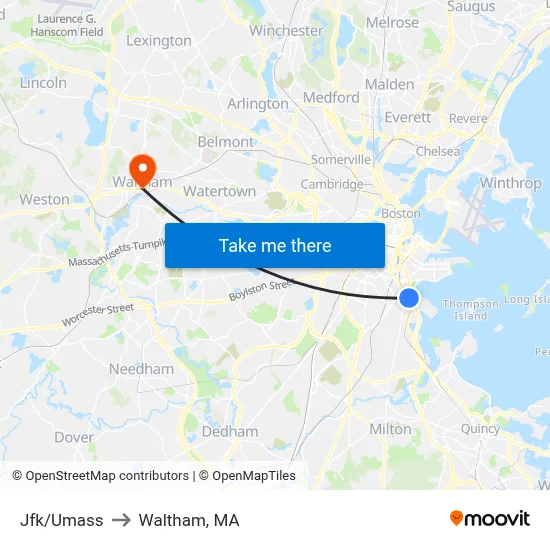 Jfk/Umass to Waltham, MA map