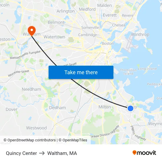 Quincy Center to Waltham, MA map
