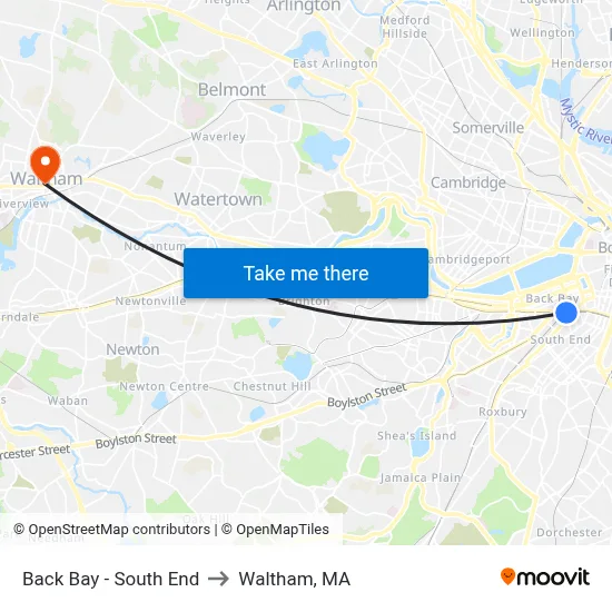 Back Bay - South End to Waltham, MA map