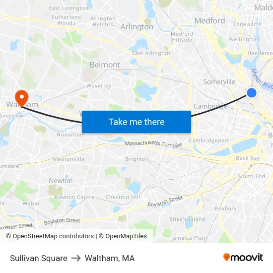 Sullivan Square to Waltham, MA map