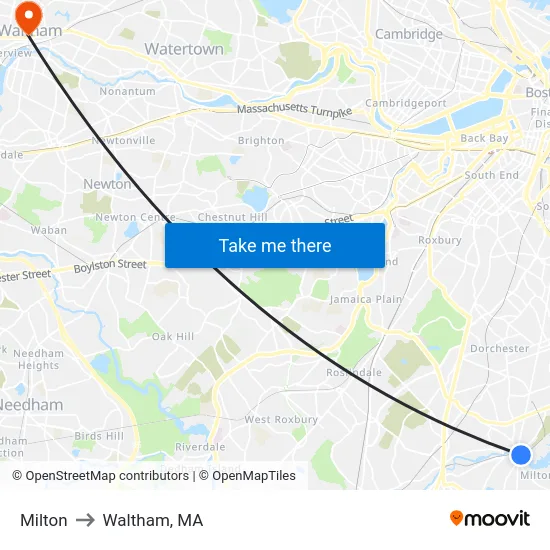 Milton to Waltham, MA map