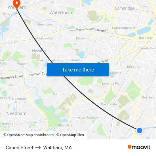 Capen Street to Waltham, MA map