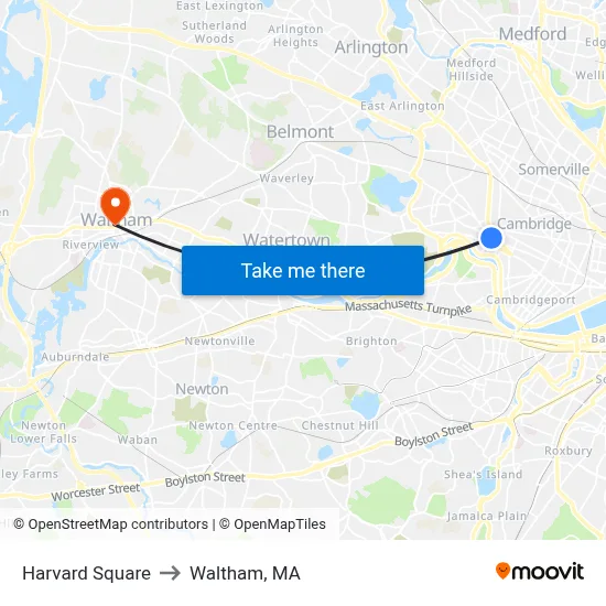 Harvard Square to Waltham, MA map