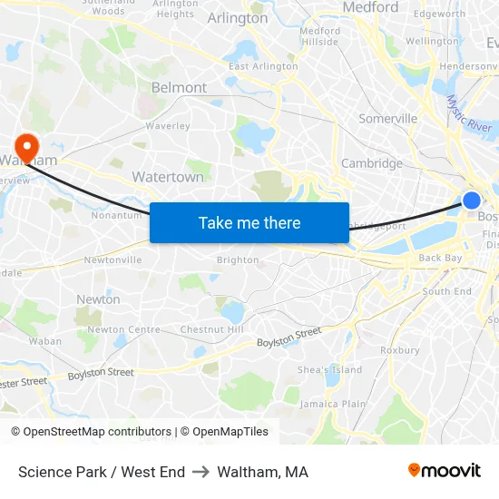 Science Park / West End to Waltham, MA map
