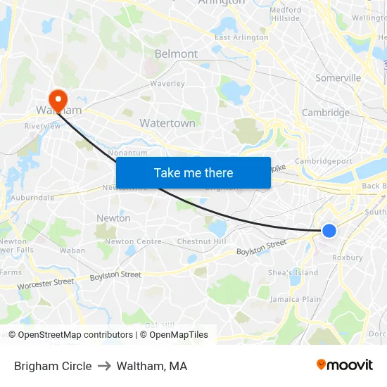 Brigham Circle to Waltham, MA map
