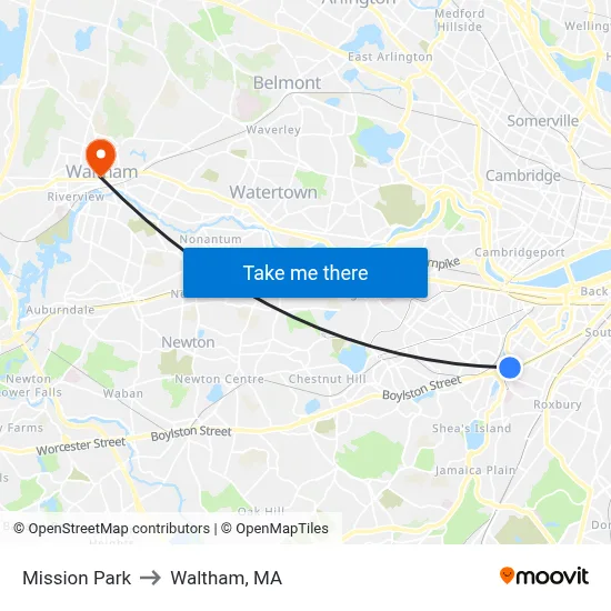 Mission Park to Waltham, MA map