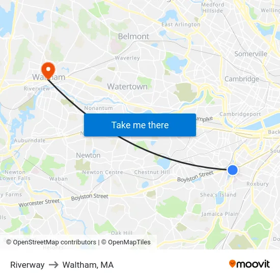 Riverway to Waltham, MA map