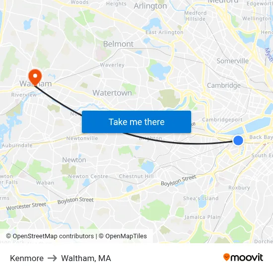 Kenmore to Waltham, MA map