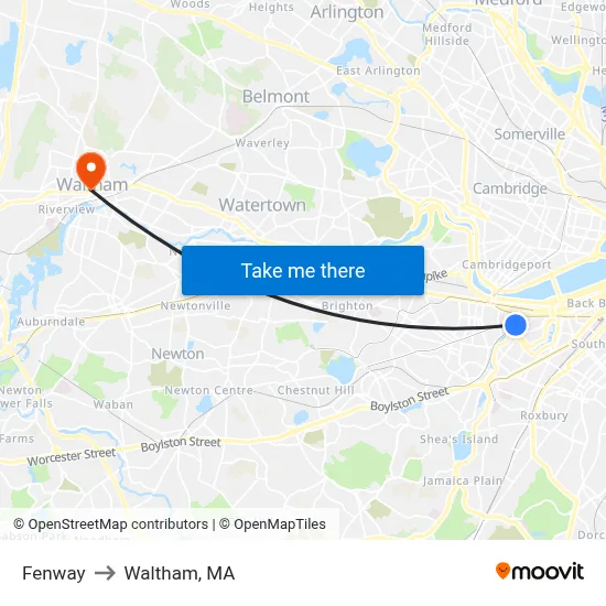 Fenway to Waltham, MA map