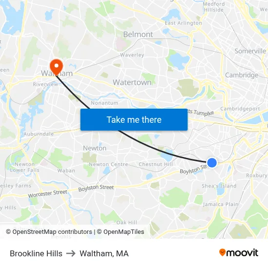 Brookline Hills to Waltham, MA map