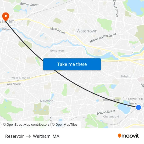 Reservoir to Waltham, MA map