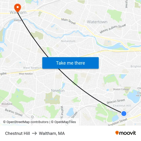 Chestnut Hill to Waltham, MA map