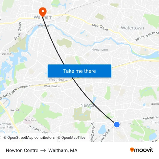 Newton Centre to Waltham, MA map
