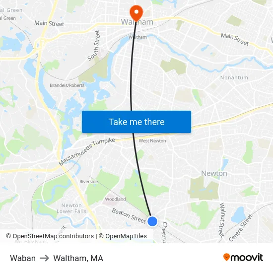 Waban to Waltham, MA map