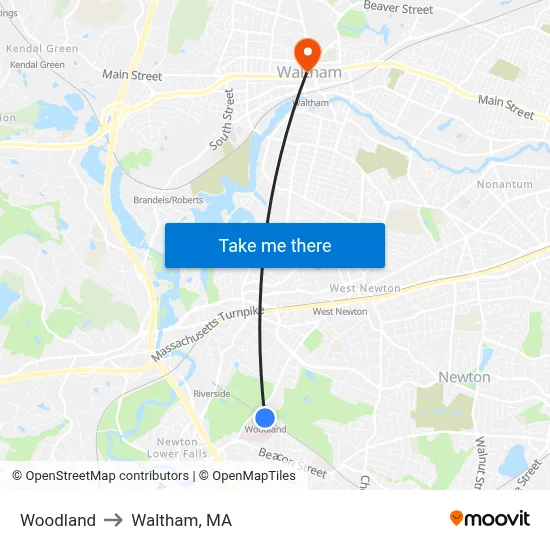 Woodland to Waltham, MA map