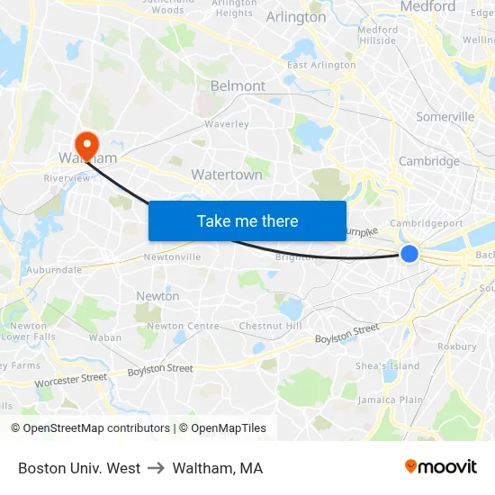 Boston Univ. West to Waltham, MA map