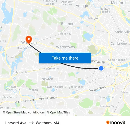 Harvard Ave. to Waltham, MA map