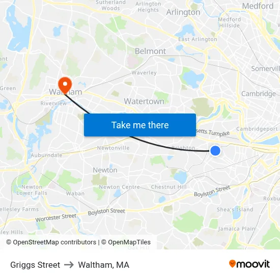 Griggs Street to Waltham, MA map