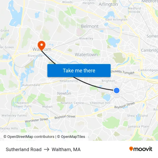 Sutherland Road to Waltham, MA map