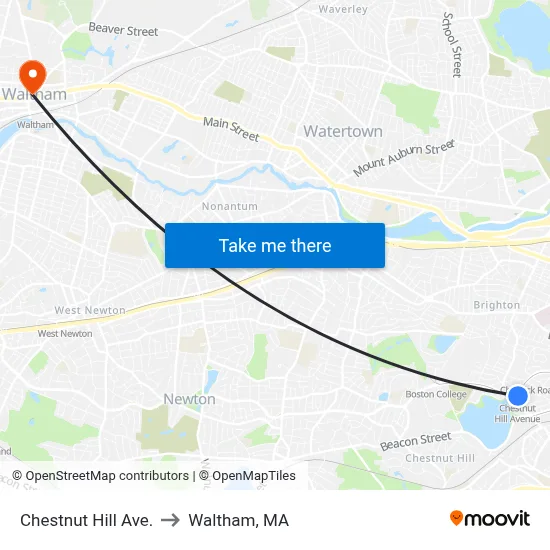 Chestnut Hill Ave. to Waltham, MA map