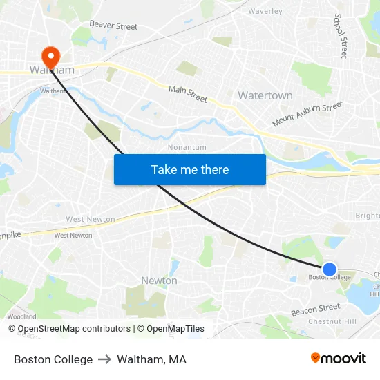 Boston College to Waltham, MA map