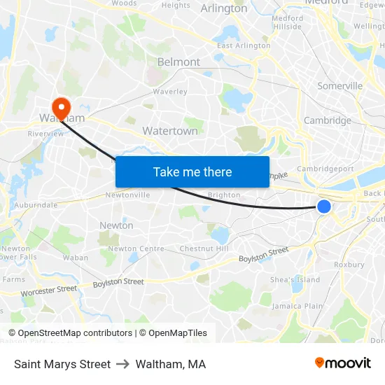 Saint Marys Street to Waltham, MA map