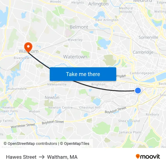 Hawes Street to Waltham, MA map