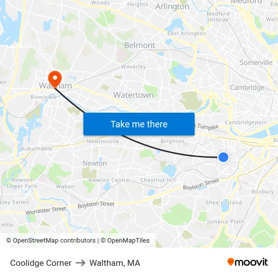 Coolidge Corner to Waltham, MA map