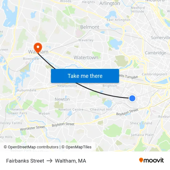 Fairbanks Street to Waltham, MA map